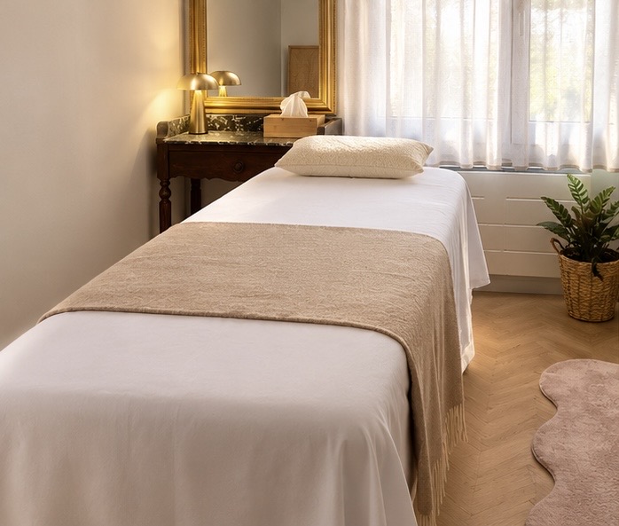 Table de massage préparée dans la cabine de L’Atelier Silhouette à Thiais