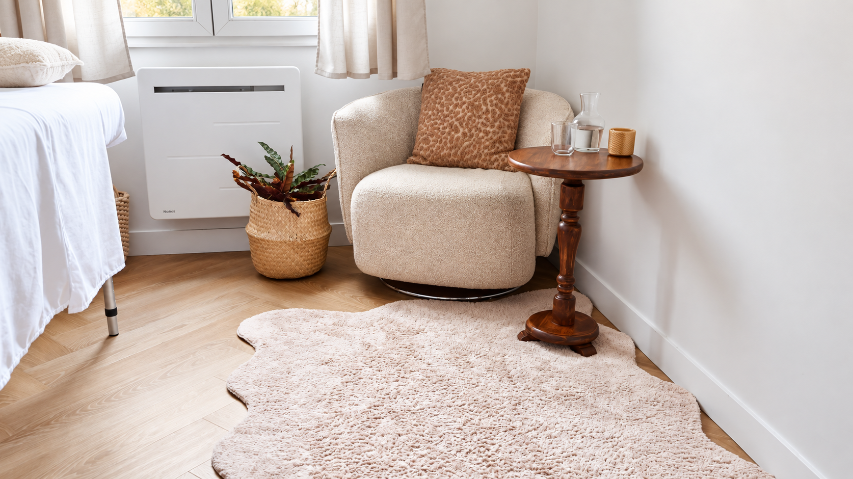Fauteuil crème et guéridon en bois dans le cabinet de L’Atelier Silhouette